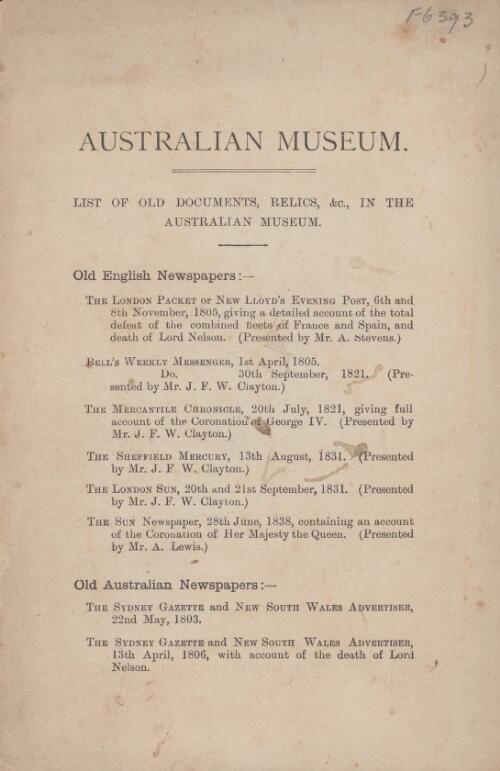 List of old documents, relics, &c., in the Australian Museum