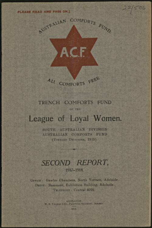 Report / Trench Comforts Fund of the League of Loyal Women, South Australian Division, Australian Comforts Fund