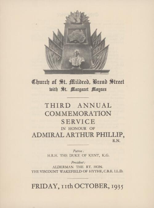 Third annual commemoration service in honour of Admiral Arthur Phillip, R.N., Friday, 11th October, 1935