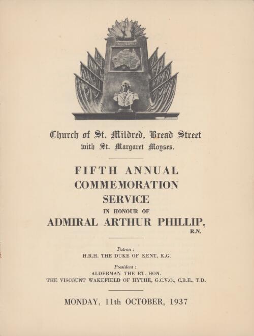 Fifth annual commemoration service in honour of Admiral Arthur Phillip, R.N, ... Monday, 11th October, 1937