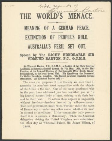 The world's menace : meaning of a German peace, extinction of people's  rule, Australia's - Catalogue