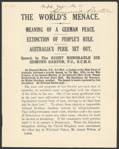 The world's menace : meaning of a German peace, extinction of people's rule, Australia's peril set out - speech / by Sir Edmund Barton