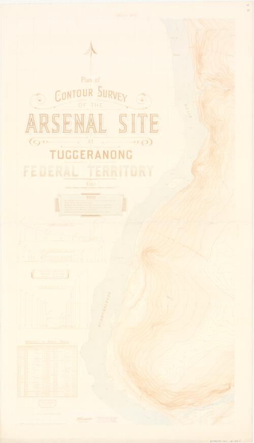 Plan of contour survey of the arsenal site at Tuggeranong, Federal Territory / compiled and drawn by the Lands and Survey Branch, Home & Territories Dept. Melbourne May 1917 ; surveyed by Staff Surveyor R.J. Rain