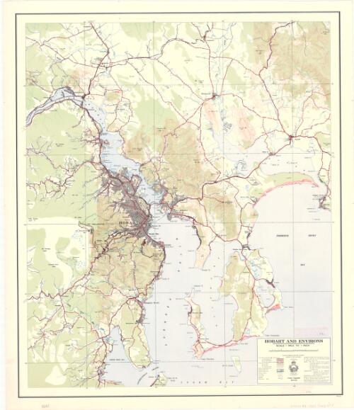 Hobart and environs scale 1 mile to 1 inch [cartographic material] / produced by the Mapping Branch of the Lands and Surveys Department Hobart 1957