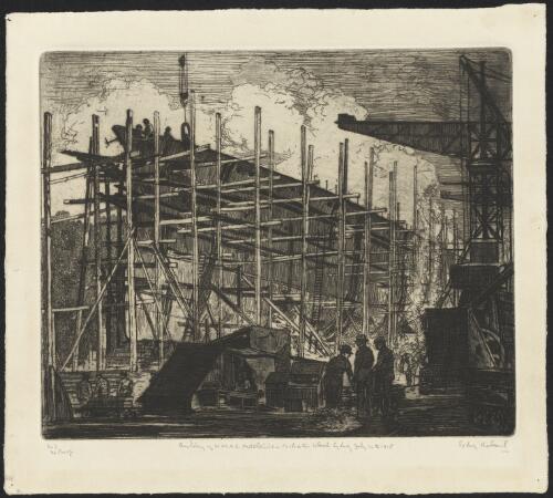 Construction of the H.M.A.S. Adelaide, Cockatoo Island, Sydney, 14 July 1918, 2 / Sydney Ure Smith