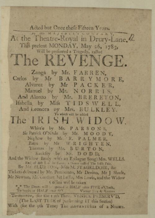 At the Theatre Royal in Covent Garden this present Monday, May 8, 1786 The Duenna ... To which will be added (for the 47th time) a new pantomime called Omai, or, A trip round the world