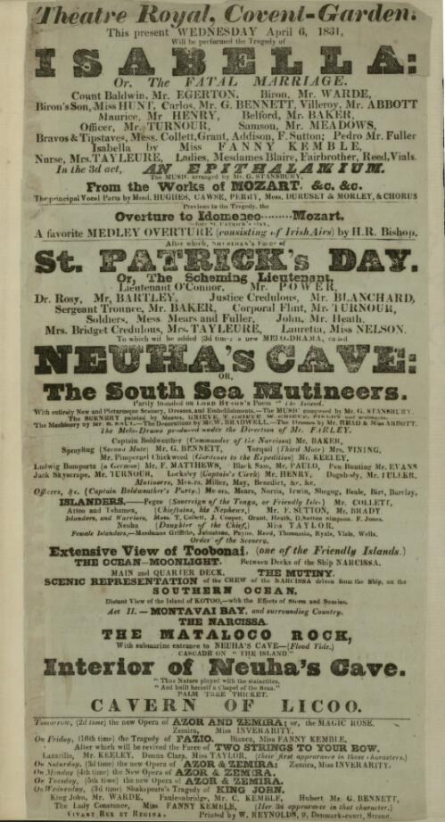 This present Wednesday April 6, 1831 will be performed the tragedy of Isabella, or, The fatal marriage ... To which will be added (3d time) a new melo-drama called Neuha's cave, or, The South Sea mutineers. Partly founded on Lord Byron's poem "The Island"