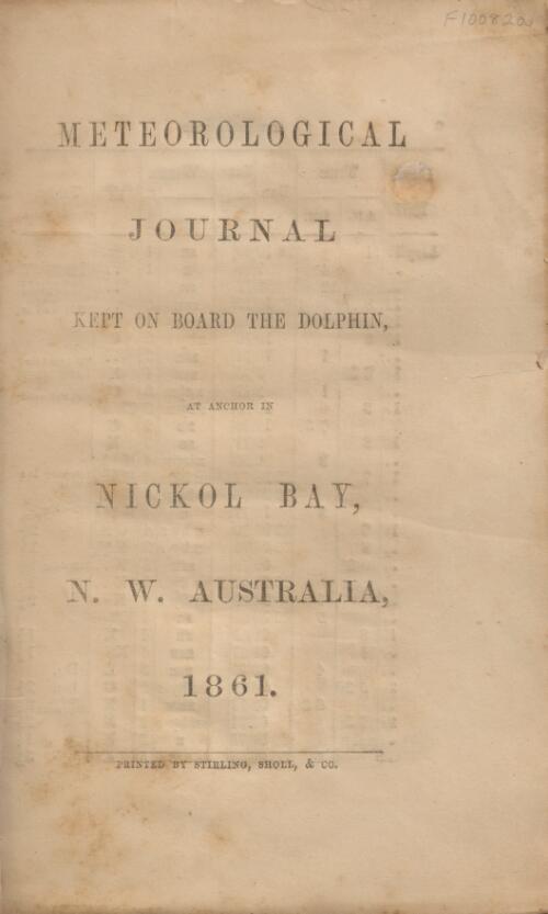 Meteorological journal kept on board the Dolphin, at anchor in Nickol Bay, N.W. Australia, 1861