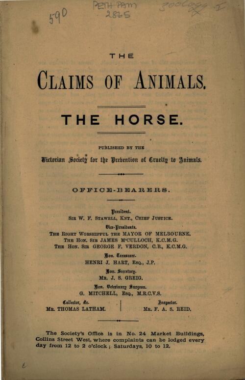 The claims of animals : the horse / published by the Victorian Society for the Prevention of Cruelty to Animals