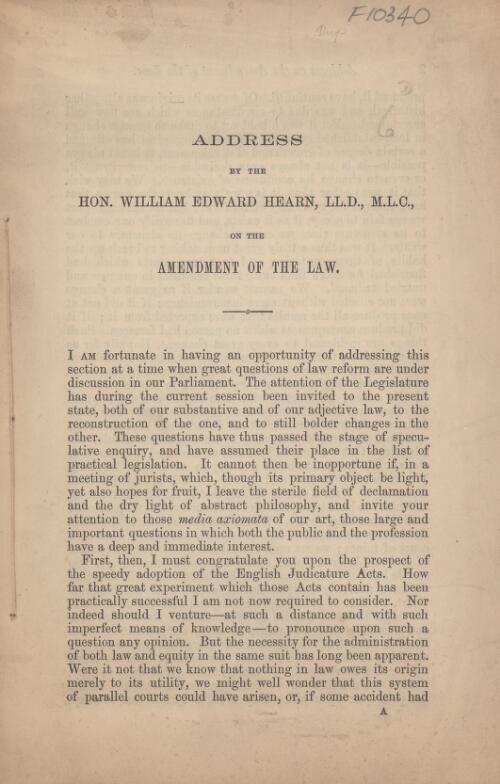 Address by the Hon. William Edward Hearn on the amendment of the law
