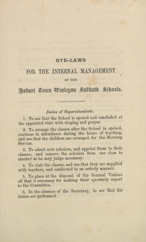 Bye-laws for the internal management of the Hobart Town Wesleyan Sabbath schools
