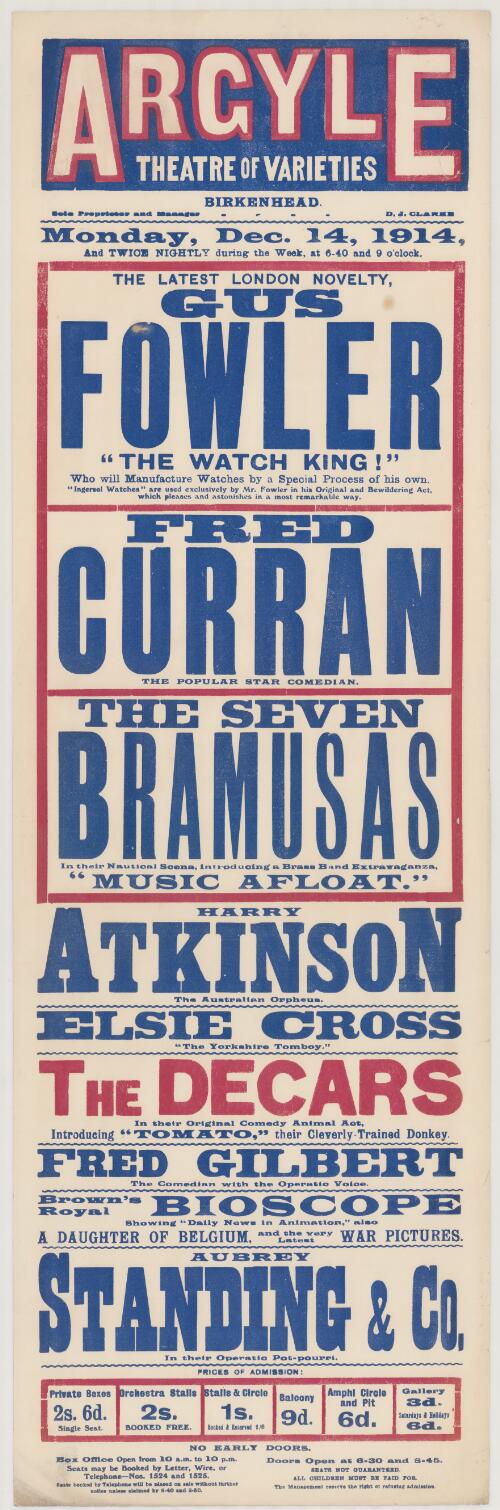 Argyle Theatre of Varieties : Birkenhead ... Monday, Dec. 14, 1914 : ... Harry Atkinson : the Australian orpheus