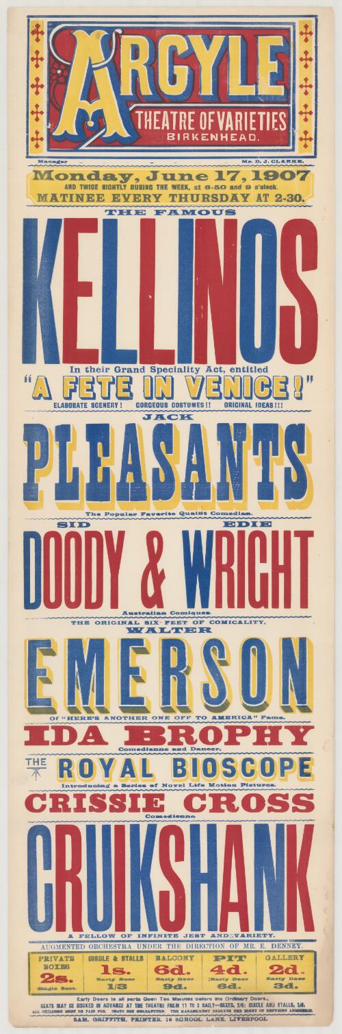 Argyle Theatre of Varieties Birkenhead : ... Monday, June 17, 1907 : ... Sid Doody & Edie Wright : Australian comiques