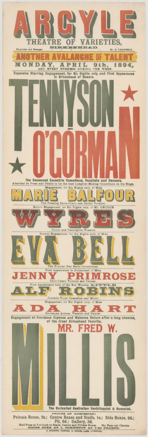 Argyle Theatre of Varieties Birkenhead : ... another avalanche of talent, Monday, April 9th, 1894 : ... engagement at enormous expense and welcome return after a long absence, of the great Birkenhead favorite, Mr. Fred W. Willis : the unrivalled Australian ventriloquist & humorist