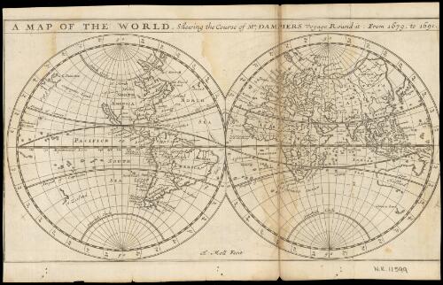 A map of the world shewing the course of Mr. Dampiers voyage round it from 1679 to 1691 [cartographic material] / H. Moll fecit