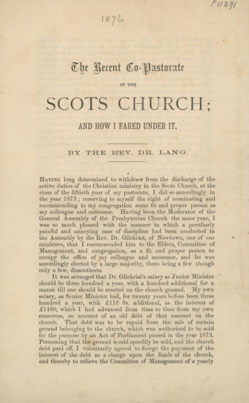 The recent co-pastorate of the Scots Church and how I fared under it / by the Rev. Dr. Lang