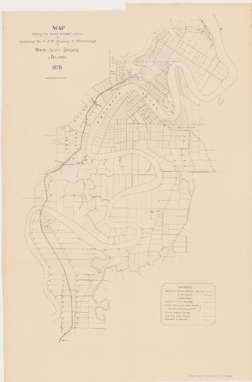 Map showing the several proposed schemes for extending the S & W railway to waterfrontage at North & South Brisbane & Bulimba 1878  / Railway Department, Chief Engineers Office