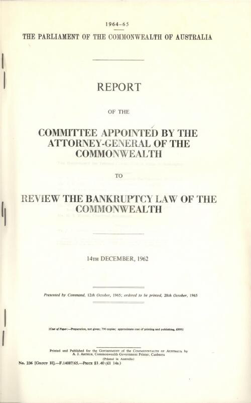 Report of the Committee Appointed by the Attorney-General of the Commonwealth to Review the Bankruptcy Law of the Commonwealth