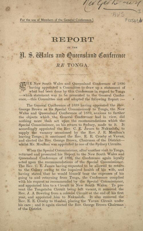 Report of the N.S.Wales and Queensland Conference re Tonga
