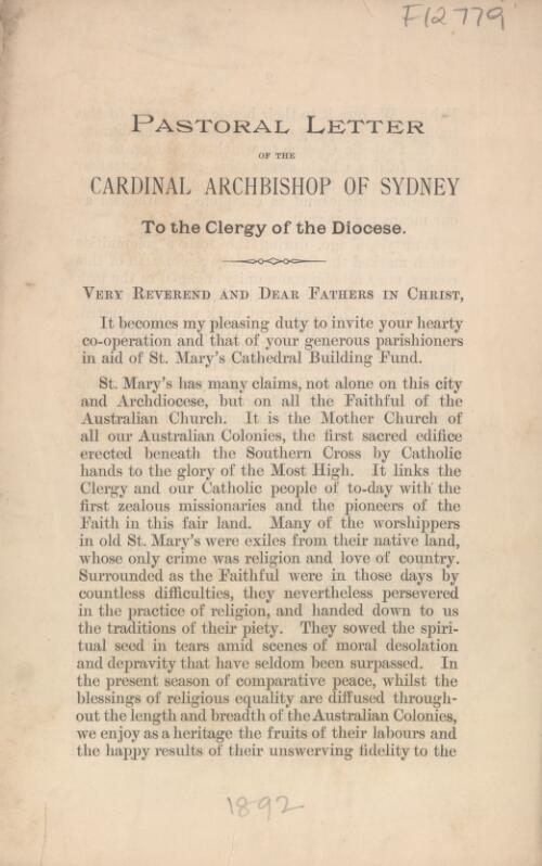 Pastoral letter of the Cardinal Archbishop of Sydney to the clergy of the diocese