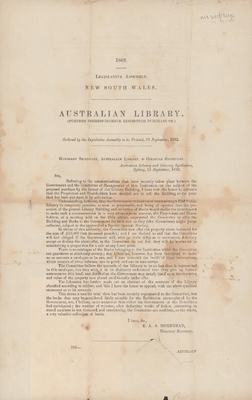 Australian library : further correspondence respecting purchase of