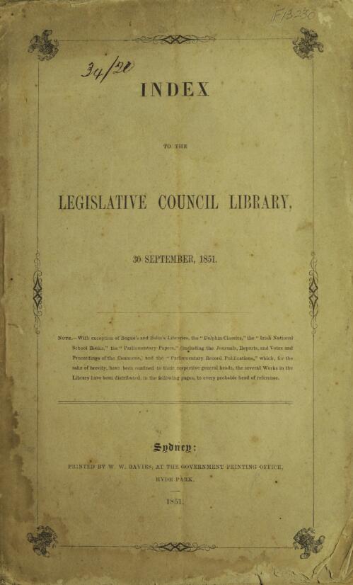 Index to the Legislative Council Library, 30 September, 1851