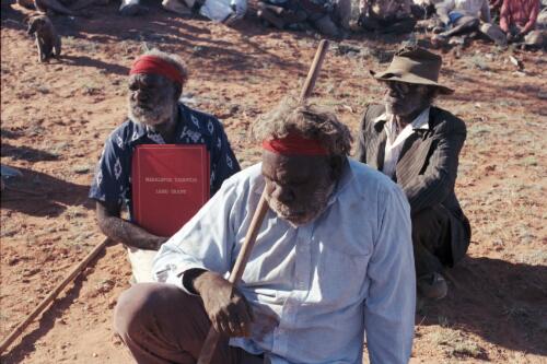 Three Pitjantjatjara elders at the Maralinga Tjarutja land handover ceremony, Maralinga, South Australia, 1984 / Neil Johnston
