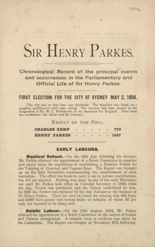 Sir Henry Parkes : chronological record of the principal events and occurrences in the parliamentary and official life of Sir Henry Parkes