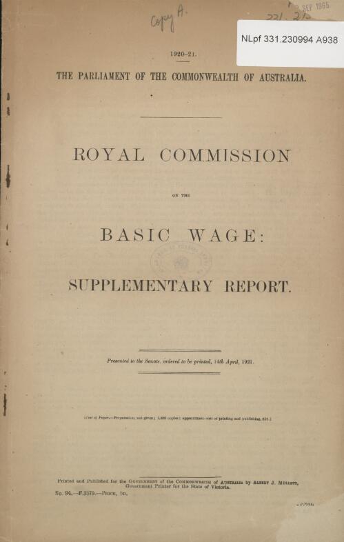 Royal Commission on the basic wage : supplementary report / Royal Commission on the Basic Wage
