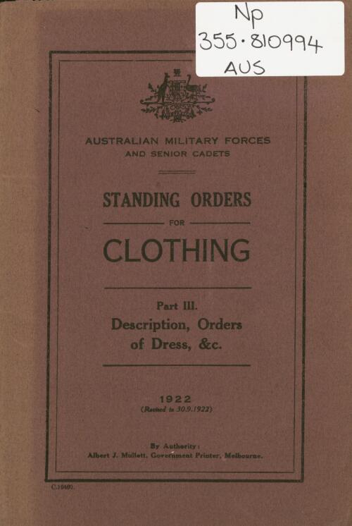 Standing orders for clothing. Part III., Description, orders of dress &c