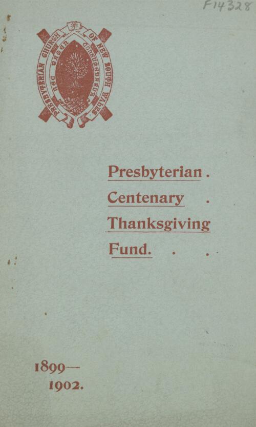 Presbyterian Centenary Thanksgiving Fund, 1899-1902