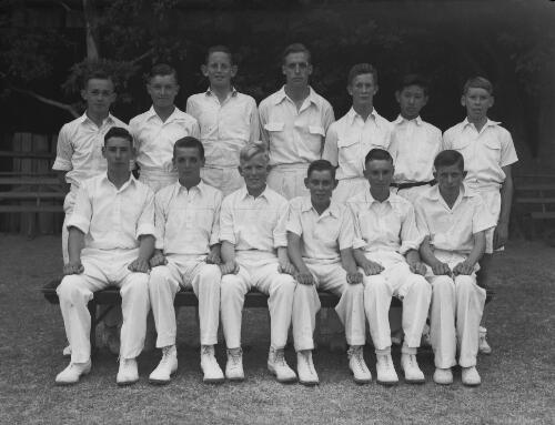 Group portrait of Sydney Grammar School pupils' cricket team and coach, Sydney, 14 November 1951, 6