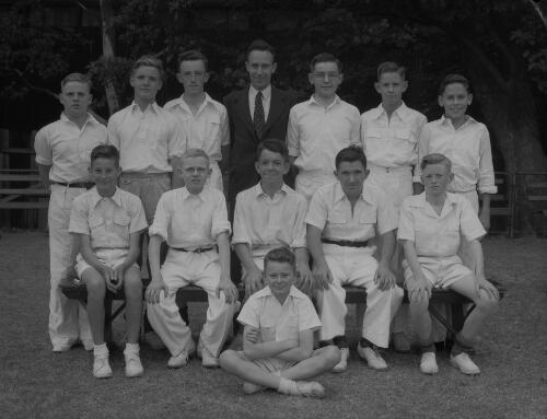 Group portrait of Sydney Grammar School pupils' cricket team and coach, Sydney, 14 November 1951, 10