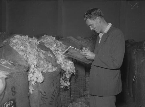 Appraising wool at the Newcastle Wool Sales, Newcastle, New South Wales, May 1950