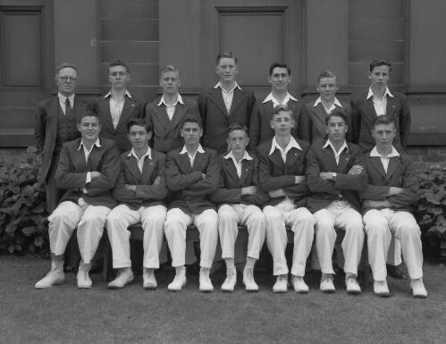 Group portrait of Sydney Grammar School pupils' cricket team and their coach, Sydney, 19 October 1950, 2