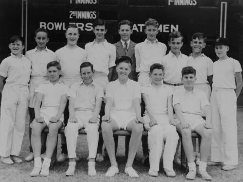 Group portrait of Sydney Grammar School pupils' cricket team and coach, Sydney, 1949, 2