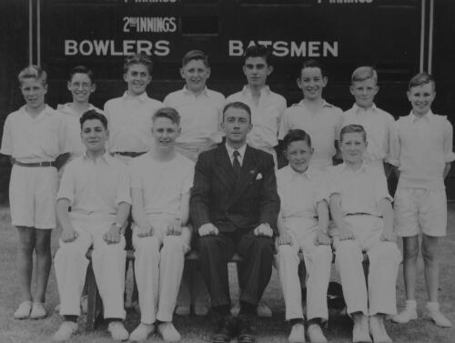 Group portrait of Sydney Grammar School pupils' cricket team and coach, Sydney, 1949, 3