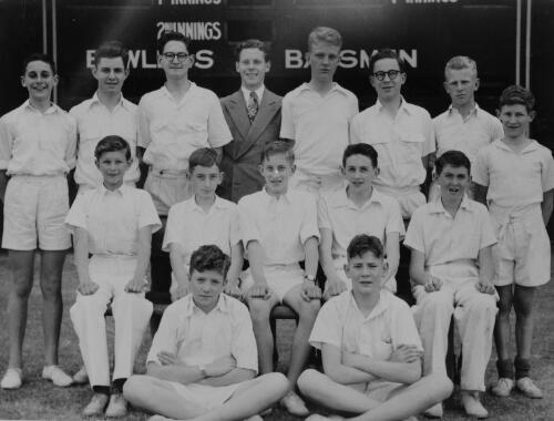Group portrait of Sydney Grammar School pupils' cricket team and coach, Sydney, 1949, 5