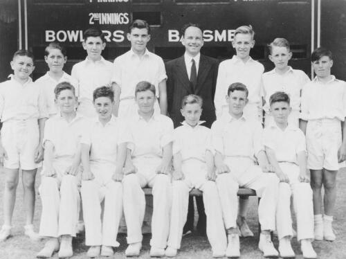Group portrait of Sydney Grammar School pupils' cricket team and coach, Sydney, 1949, 8
