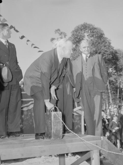 James McGirr, Premier of New South Wales, at the site of Wangi Power Station, Wangi Wangi, New South Wales, 14 July 1948, 1