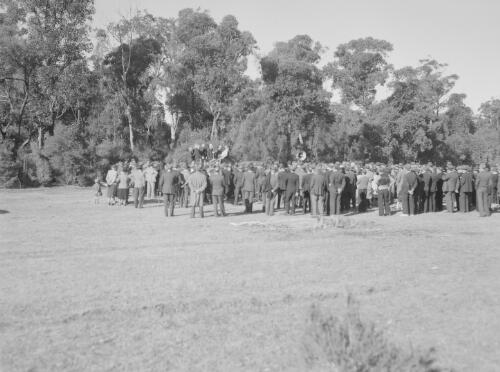 James McGirr, Premier of New South Wales, speaking in front of a crowd at the site of Wangi Power Station, Wangi Wangi, New South Wales, 14 July 1948, 1