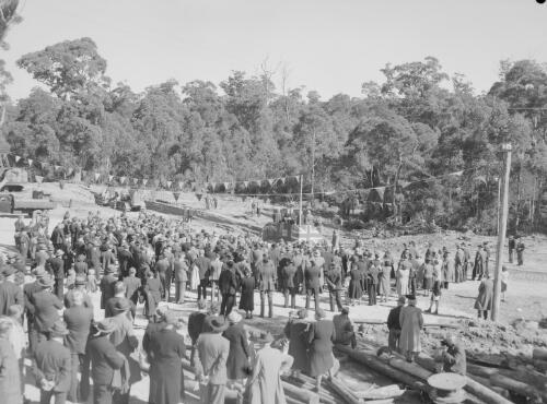 James McGirr, Premier of New South Wales, speaking in front of a crowd at the site of Wangi Power Station, Wangi Wangi, New South Wales, 14 July 1948, 2