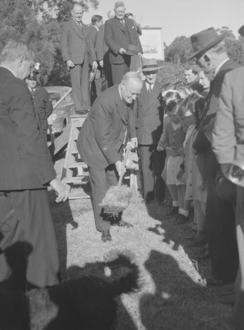 James McGirr, Premier of New South Wales, breaking ground in front of a crowd at the site of Wangi Power Station, Wangi Wangi, New South Wales, 14 July 1948