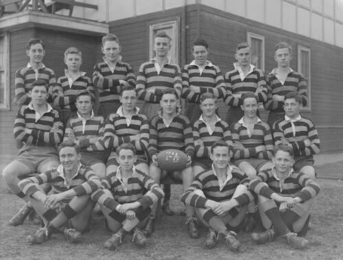 Group portrait of Sydney Grammar School pupils' rugby team on their second day, Sydney, 29 July 1948