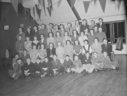 Group photo of the boys and girls at St Vincents Boys' Home dance, Westmead, New South Wales, 13 August 1948