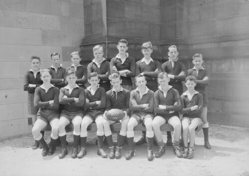 Group portrait of St Andrew's Cathedral School students in their rugby uniforms, Sydney, 14 December 1943, 1