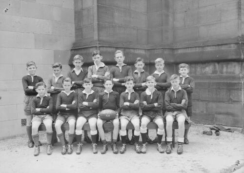 Group portrait of St Andrew's Cathedral School students in their rugby uniforms, Sydney, 14 December 1943, 2