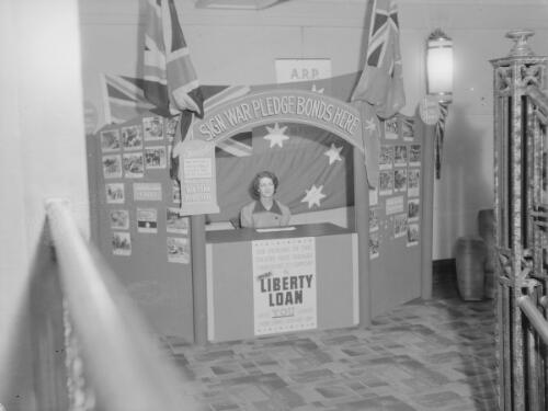 War bonds advertisement on display inside a public building, Sydney, New South Wales, April 1943, 9