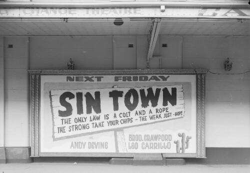 Poster advertising the movie 'Sin Town' at Capitol Theatre, Sydney, New South Wales, 31 May 1943