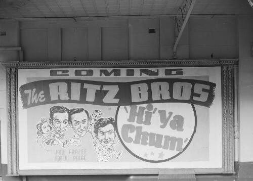 Poster advertising Ritz Brothers' movie 'Hi'ya, Chum' at Capitol Theatre, Sydney, New South Wales, 31 May 1943